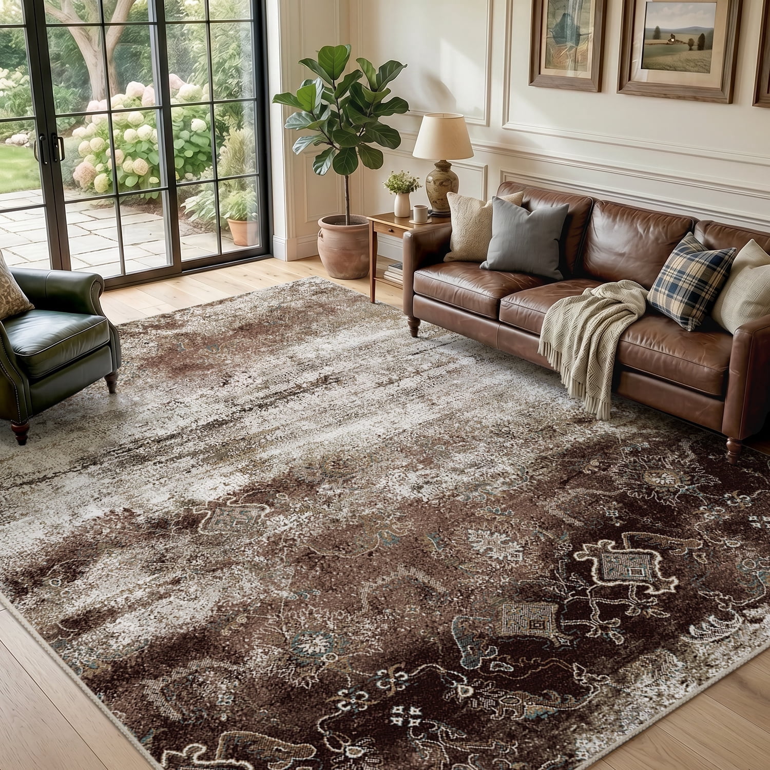 VUNATE 5'x7' Area Rugs for Living Room Machine Washable Rugs Abstract Vintage Distressed Indoor Rug Carpet Soft Lightweight Large Area Rug for Bedroom Dining Room Kitchen Foldable Nonslip Rug Brown