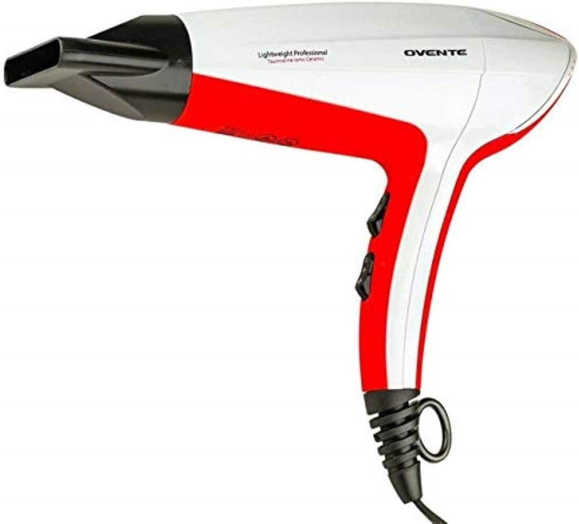OVENTE 1875 Watt Lightweight Hair Dryer, Ionic & Tourmaline Technology, White & Red X2210W