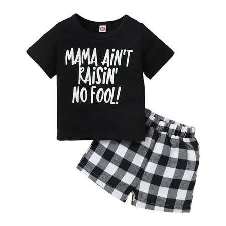 

9 Months Baby Boys Clothes 12 Months Boys Summer 2PCS Outfits Letter Print Infant Boys Short Sleeve Top Plaid Shorts Set Black