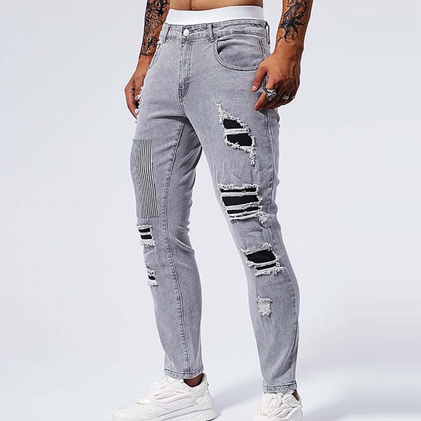 Pantalones vaqueros ajustados de pierna corta para hombre, de color liso, elásticos, con bolsillos de parche perforados, informales, a la moda, para enjuagar.