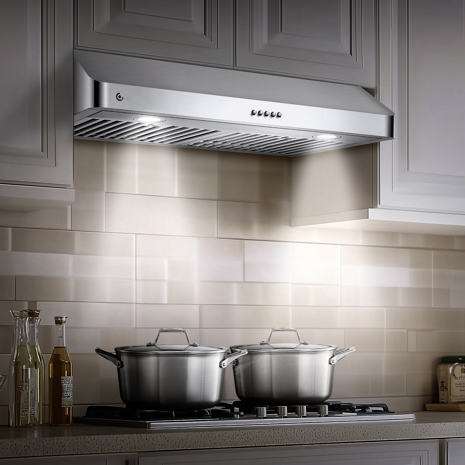 AMZCHEF Under Cabinet Range Hood 30 Inch 250CFM Stainless Steel Kitchen Stove Vent Hood 3 Speed Exhaust Fan Button Control LED lights Dishwasher