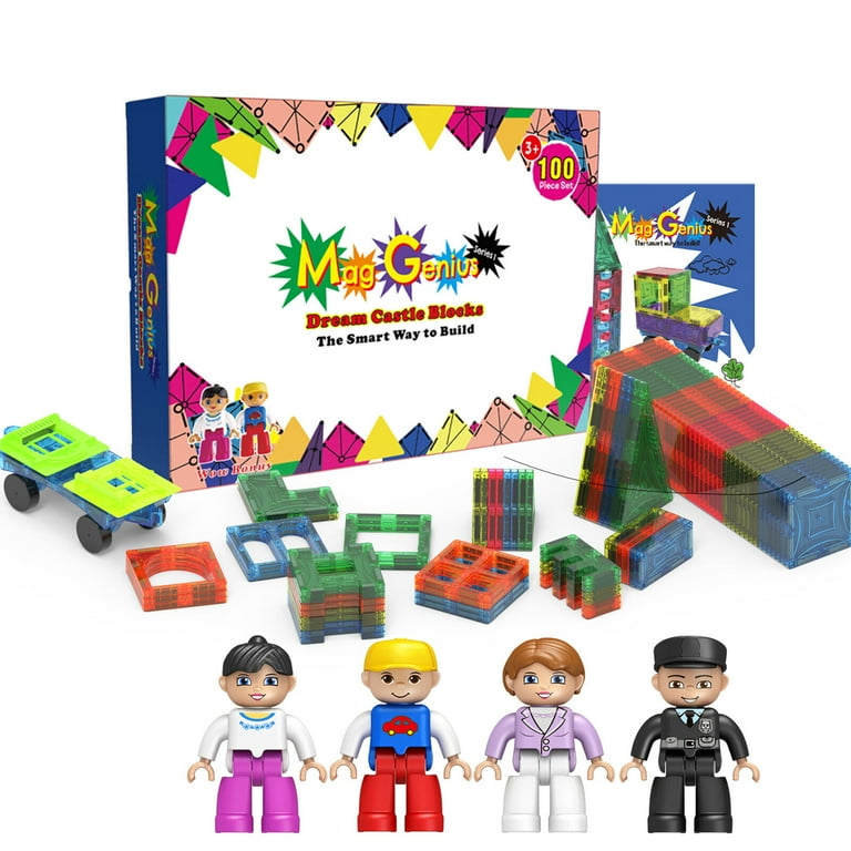 Mag Genius Magnet Tiles 100 Piece Set Includes All The New Magnet Tiles and  Clickins to Build The Perfect Castle Includes Clip in Windows and All New  Magnet People - Walmart.com