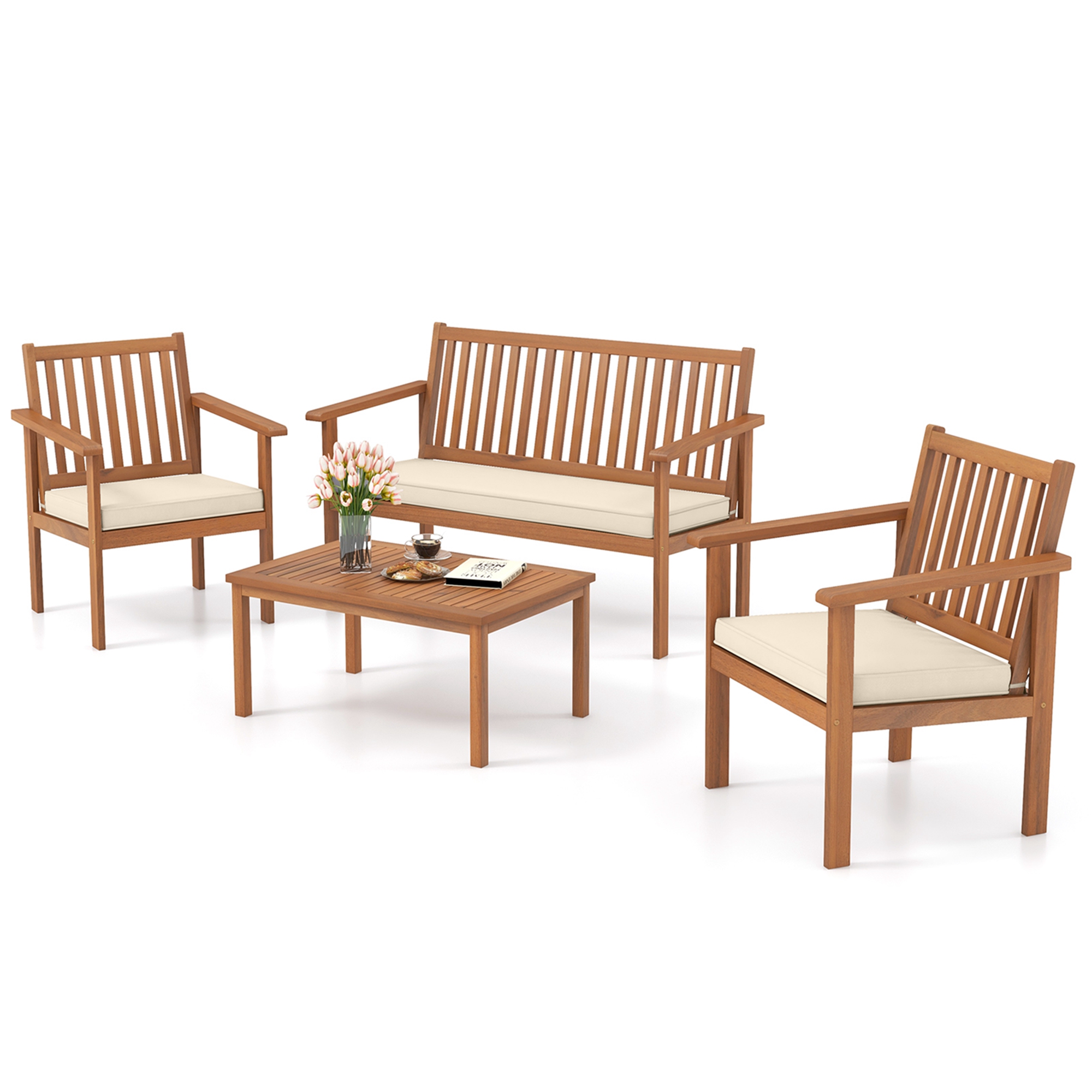 Costway 4 PCS Patio Wood Furniture Set with Loveseat, 2 Chairs & Coffee Table for Porch White - image 2 of 10