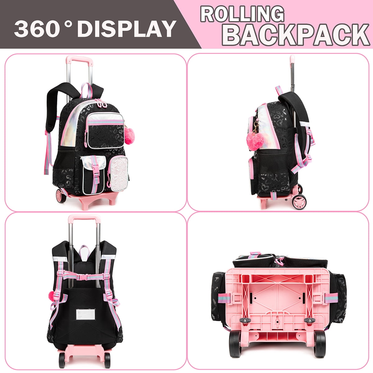 Kids Rolling Backpacks for Girls with Wheels School Bookbag with Lunch Box Pencil Case for Elementary School Students Teen Ages 8-10
