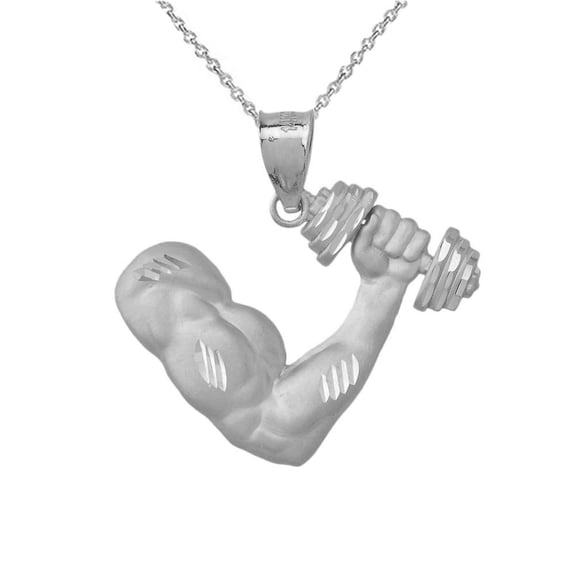 925 Sterling Silver Bodybuilder Gym Weightlifting Pendant Necklace (16 Inches)