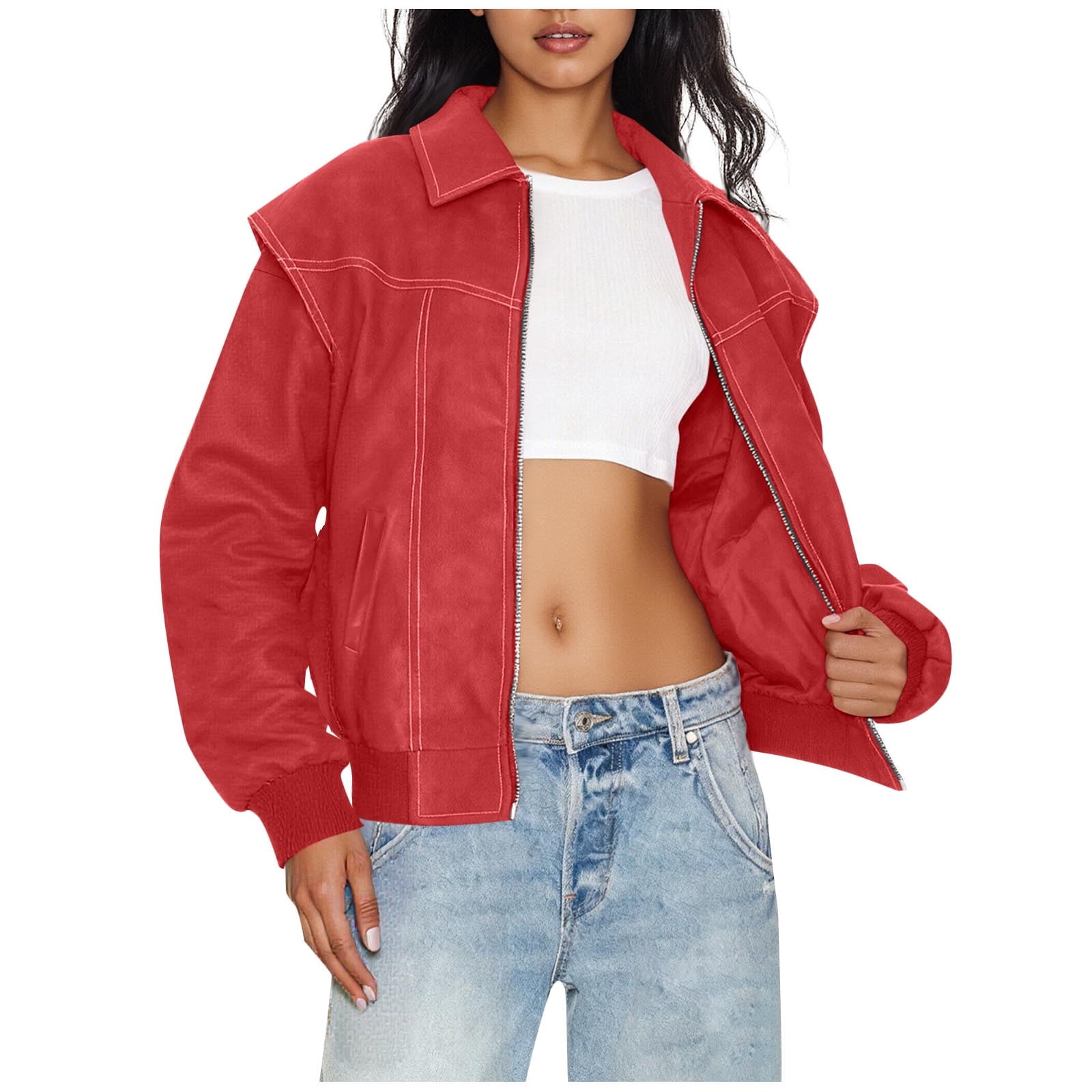 IROINNID Women's Faux Leather Jacket Long Sleeve Front Zip Pocket Biker Moto Jacket
