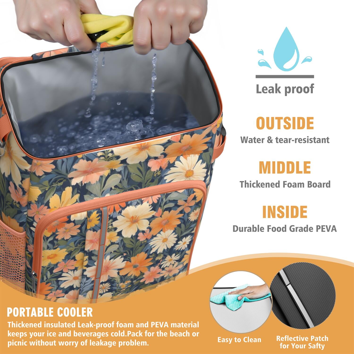 Travel Cooler Bag - Pioneer Flower Floral Print Pattern Camping Beer Cooler Backpack with Bottle Opener- Waterproof Insulated Picnic Backpacks - Cooler Bag for Beach