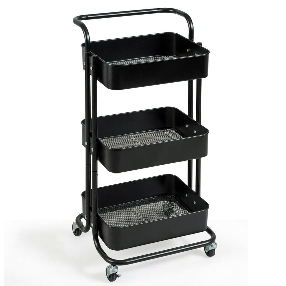 Gymax 32.5" 3Tier Metal Rolling Storage Cart W/5 Brakes Kitchen Black