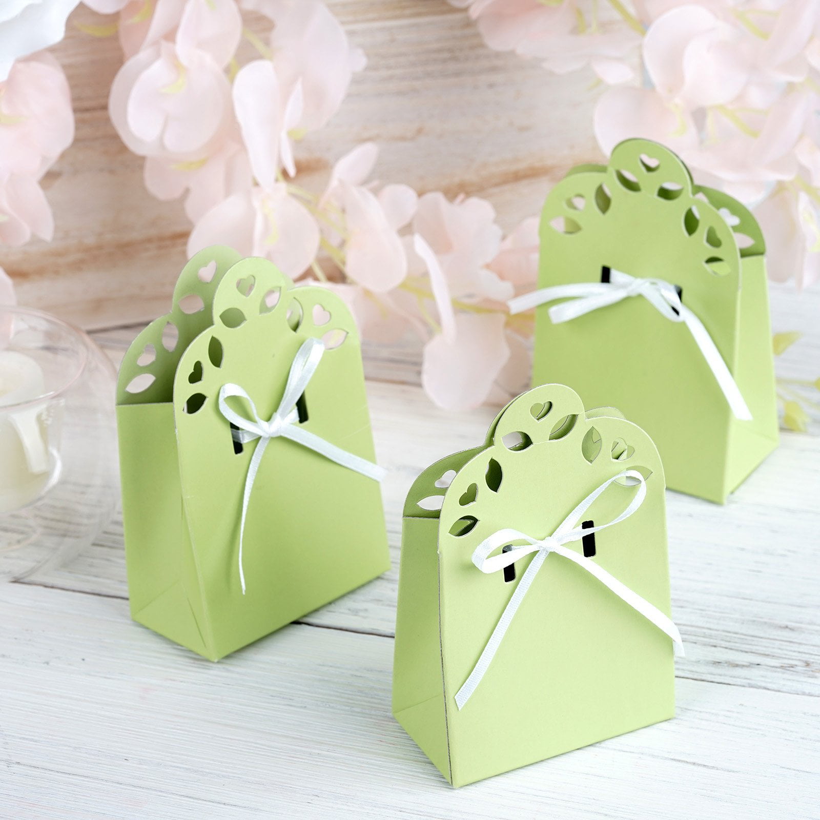 100 pcs Sage Green Cute Favor Boxes with Ribbon Wedding Candy Gifts Decorations 