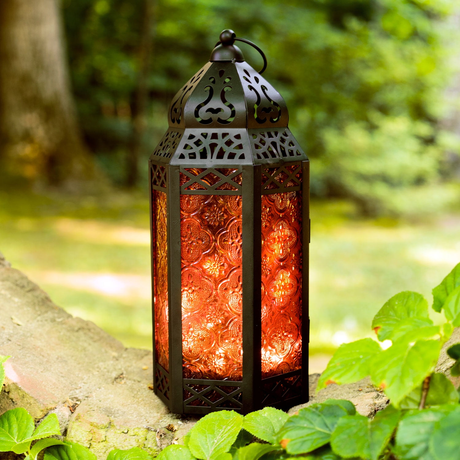 Lamplust Moroccan Lantern Decorative, 17 inch Large Lantern for Home Decor, Black and Gold Moroccan Decor, LED Fairy Lights Included, Star Candle