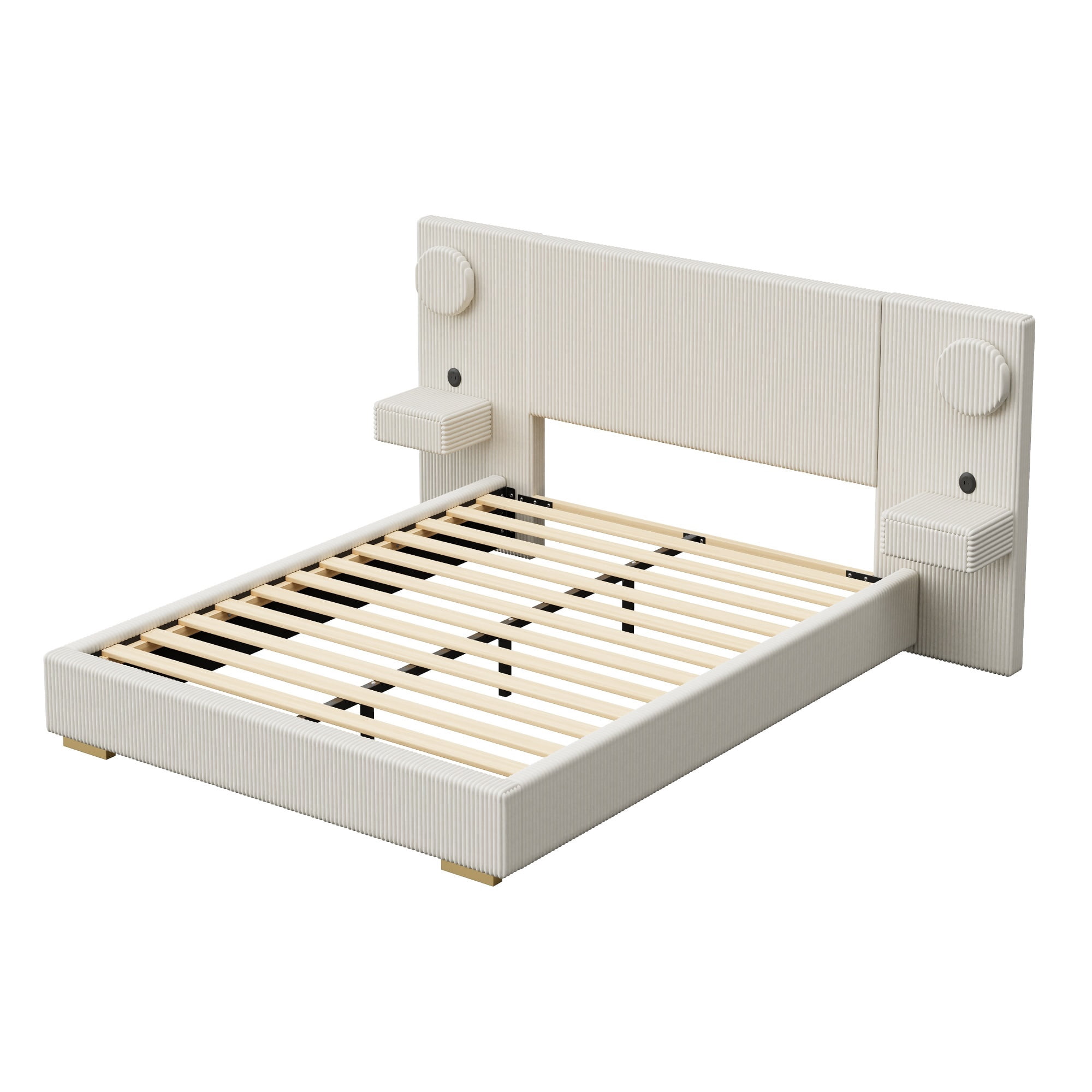 Euroco Upholstery Queen Size Platform Bed with LED Light and Drawers, High Headboard Design with Bedside Tables and USB Ports, No Box Spring Needed, Beige