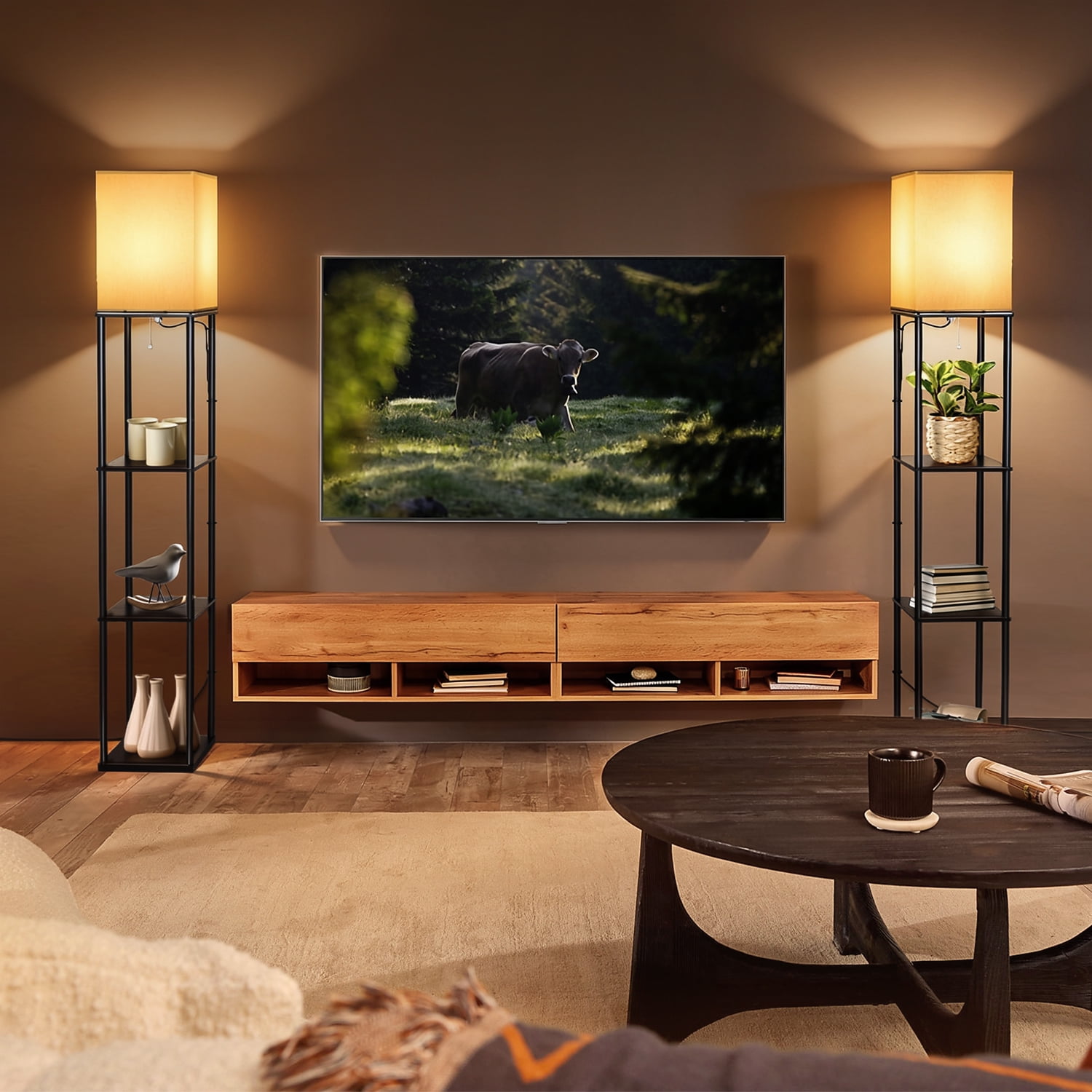 Coliware 63" Black Floor Lamp with Shelves, 3-Tier Wood Modern Standing Lamp with 3 Adjustable Color Temperature, Corner Display Bookshelf for Living Room Bedroom, LED