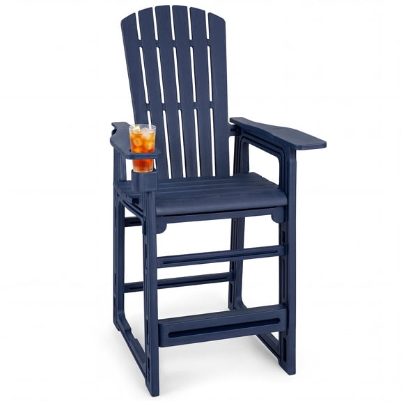 Costway 1 PCS All-Weather HDPE Tall Adirondack Chair with Backrest Armrests Footrest Cup Holder Navy Blue