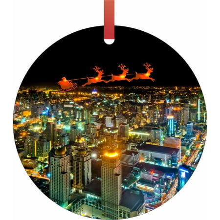 Santa and Sleigh Riding Over Bangkok - China TM - Double-Sided Round-Shaped Flat Aluminum Christmas Holiday Hanging Ornament with a Red Satin Ribbon. Made in the USA!
