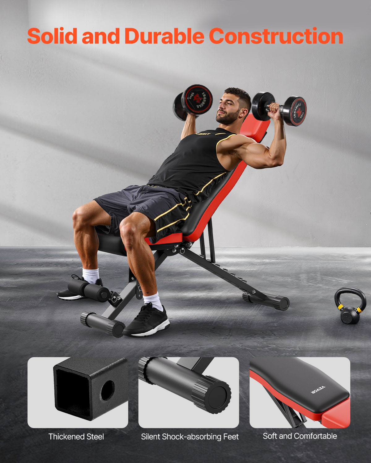 VEVOR Weight Bench, 660lbs Adjustable Weight Bench Press for Full Body Workout, Exercise Sit up Bench for Home Gym Strength Training, Flat Bench with Extended Head/Neck Protection & Quick Folding