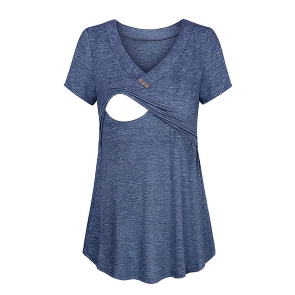 Gelikeya Womens Nursing Shirts for Breastfeeding with Hidden Zipper V Neck Short Sleeve Loose Fit Maternity Tops Blue, Size S