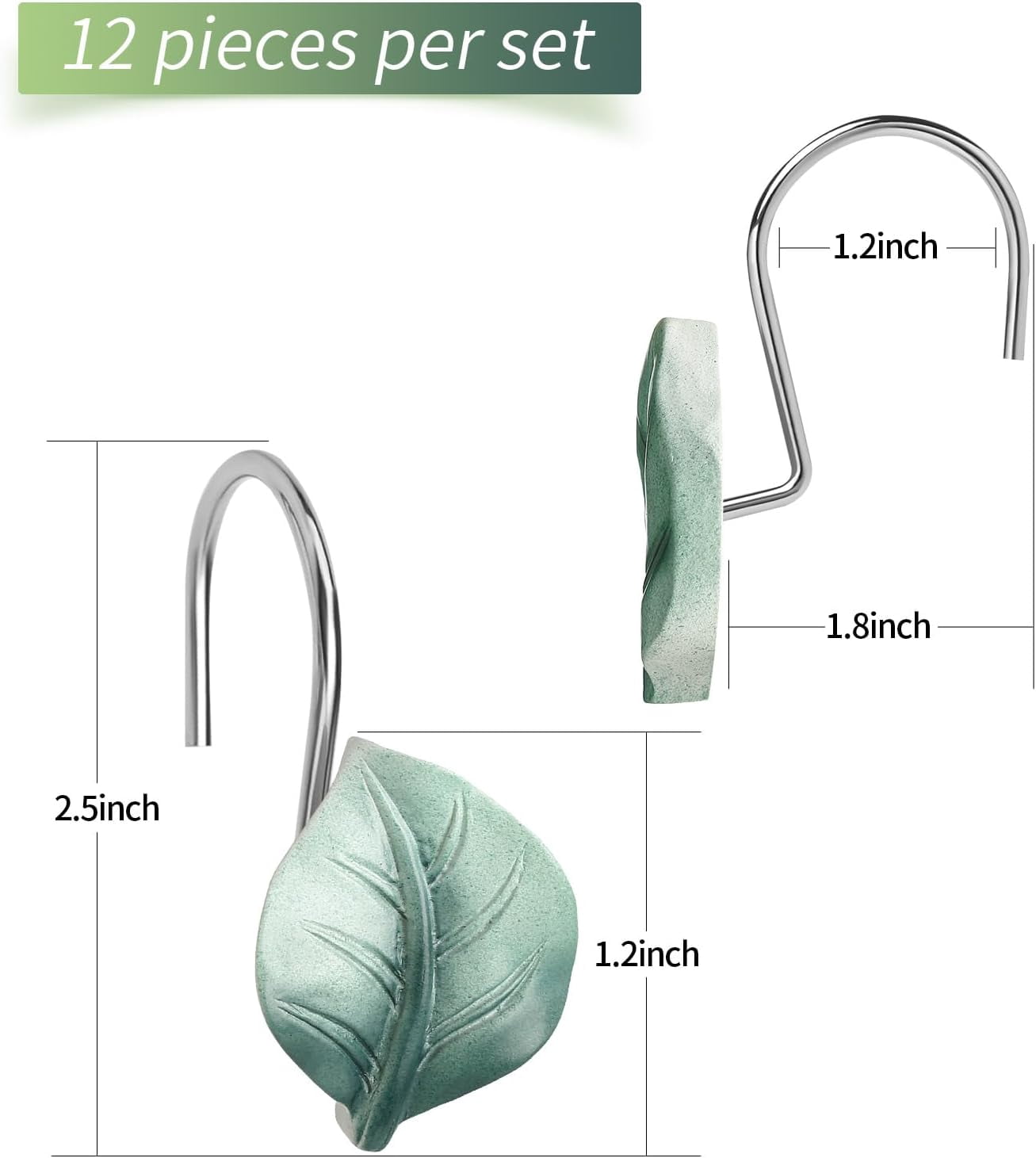 12PCS Leaves Shower Curtain Hooks, Green Plant Decorative Leaf Shower Curtain Hooks Metal Rustproof Cute Eucalyptus Shower Curtain Rings Bathroom Decoration Accessories