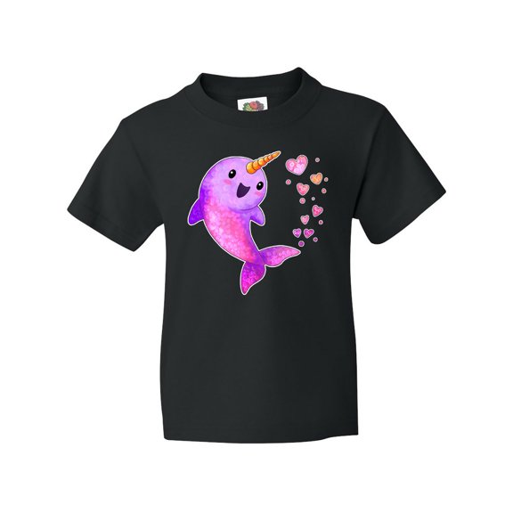 Inktastic Valentine's Day Cute Pink Narwhal with Hearts Youth T-Shirt