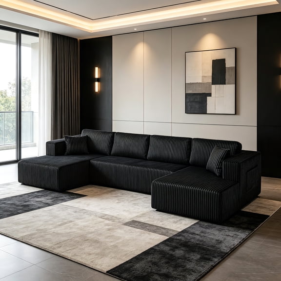 AUU 132-Inch U-Shaped Modular Sectional Sofa, Compressed Cloud Couch with Side Pockets, Modern Minimalist Corduroy Memory Foam Sleeper Sofa for Living Room, No Assembly Required, Black