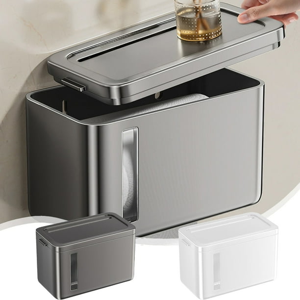 Caja impermeable de papel higiénico para papel higiénico de pared | Estantería sin adhesivo para taladros, ventana visual, plástico, 7,9x4,7x4,5 pulgadas, tapa desmontable, gris/blanco