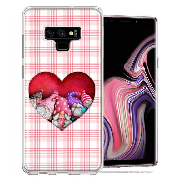 MUNDAZE for Samsung Galaxy Note 9 Valentine's Day Garden Gnomes Heart Love Pink Plaid Double Layer Phone Case Cover