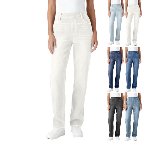 Admvng Pants for Women Solid Color Elastic Waist False Jeans Length Pants with Pockets S-2XL
