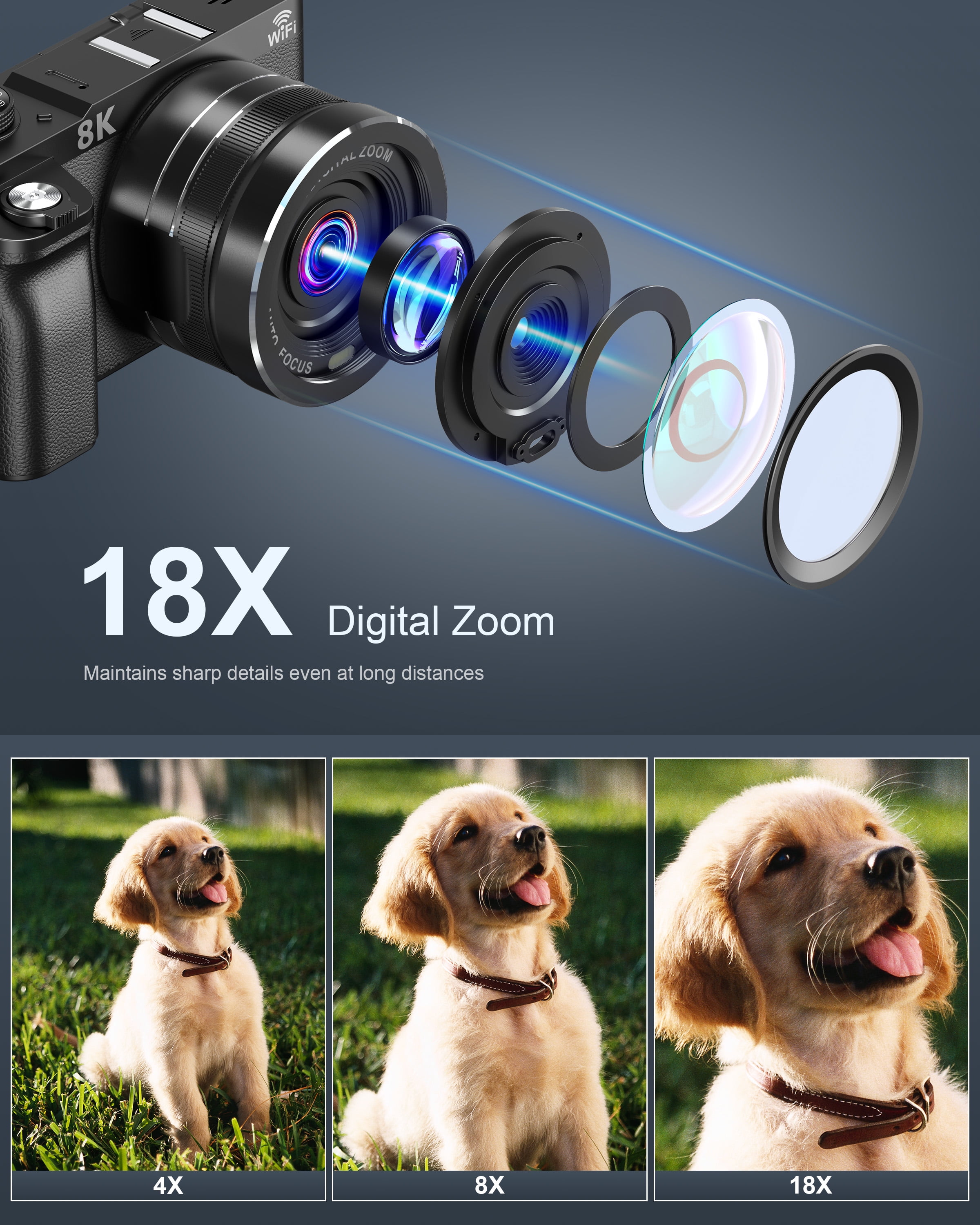 MARVUE 8K Digital Cameras for Photography WiFi Autofocus 88MP 18X Zoom Vlogging Camera for Youtube with 3" 180° Flip Screen, 64GB Card