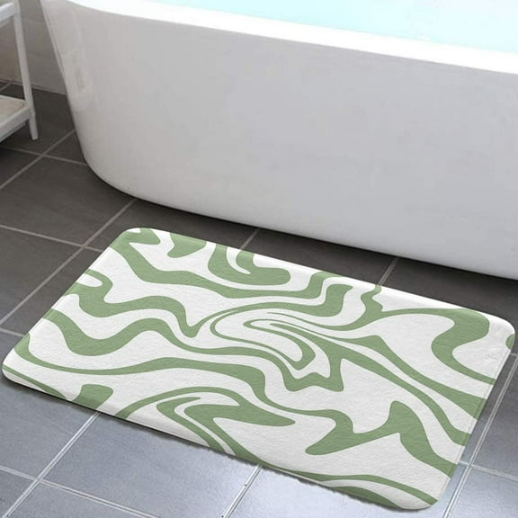 Aesthetic 70S Abstract Wavy Swirl Bath Rugs, Boho Sage Green Bath Mats, Aesthetic Retro Minimal Groovy Teen Girls Non Slip Bathroom Rug Accessories Shower Mat Floor Mat for Kitchen Bedroom,17X29in