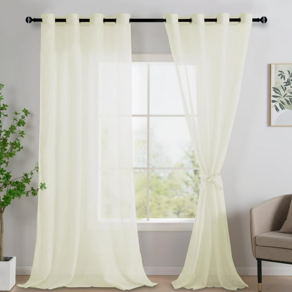 JIUZHEN Ivory Sheer Curtains 96 Inches Long - Semi Transparent Light Filtering Grommet Window Drapes for Living Room/Balcony, 52Wx 96L, Set of 2 with Tiebacks