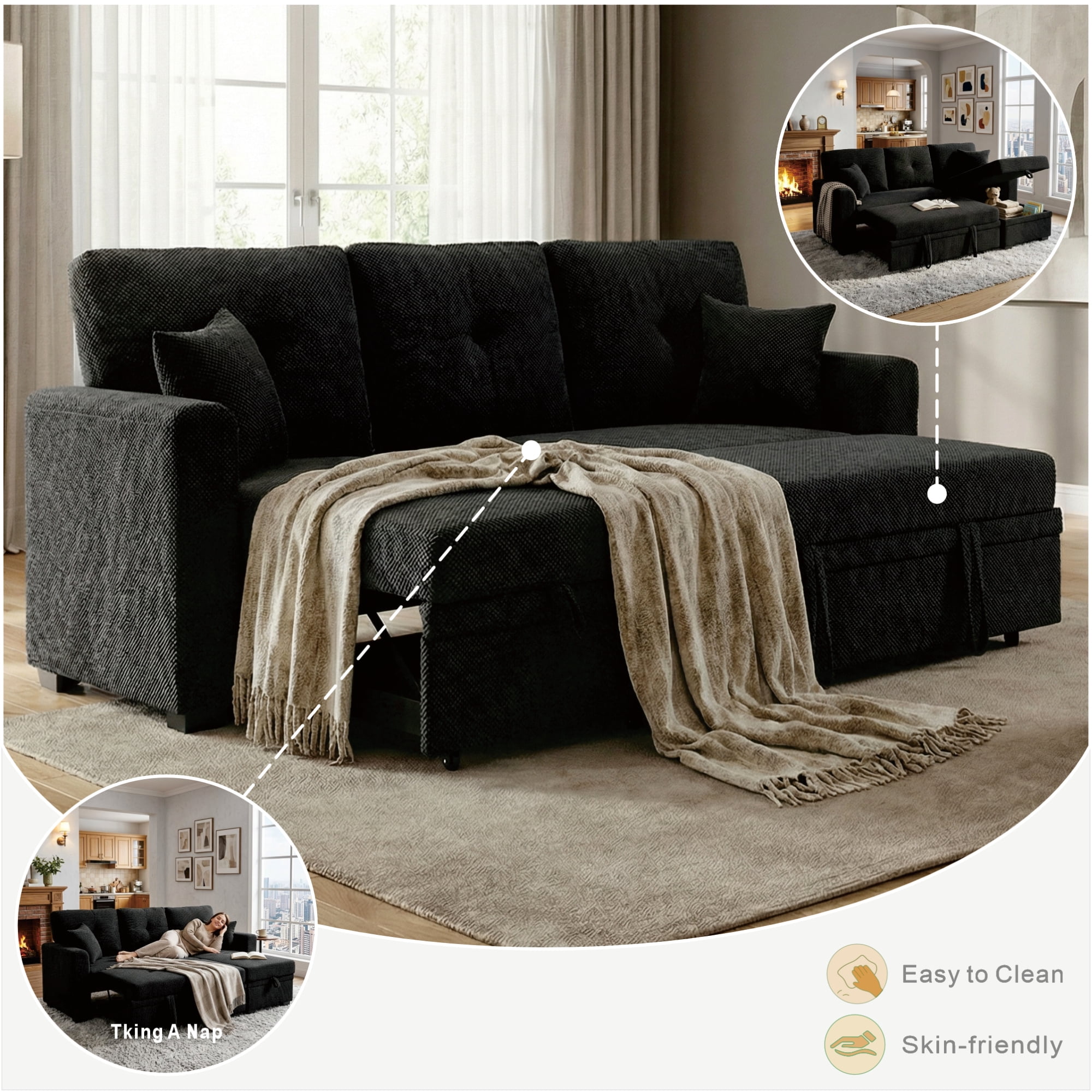 Leumius L Shaped Sectional Sofa with Pull Out Bed and Storage Chaise, 3 Seater Sectional Couch Convertible Sofa Bed for Small Space, Apartment & Guest Room, Black01