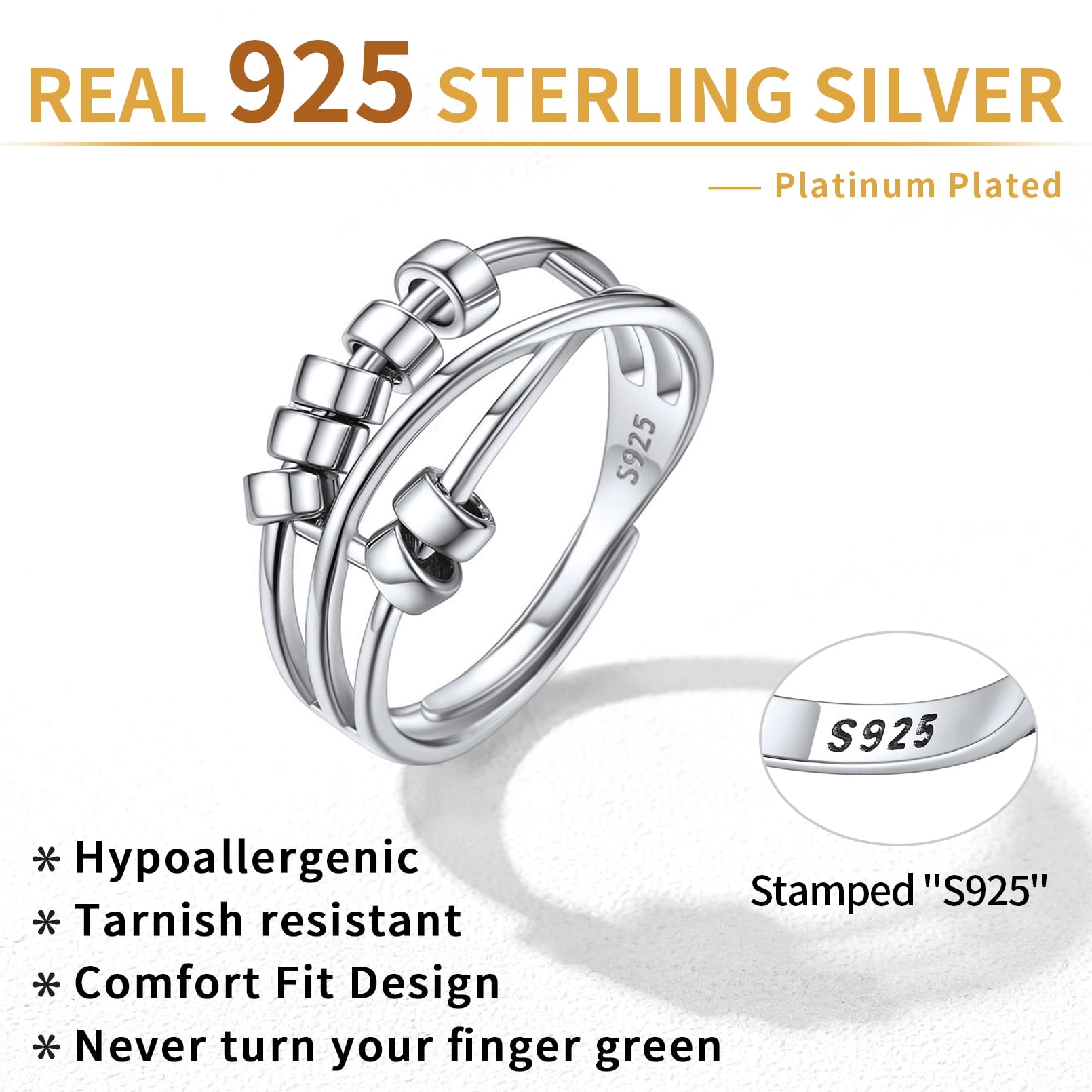ChicSilver Ring for Women Adjustable Sterling Silver Fidget Anxiety Ring with Rotatable Polished Beads for Stress Relief