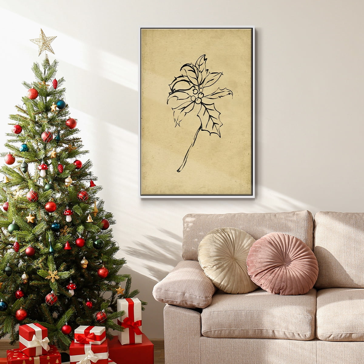 Holly Branch II - Framed Gallery Wrapped Holiday Canvas - 17 x 25 - White Frame