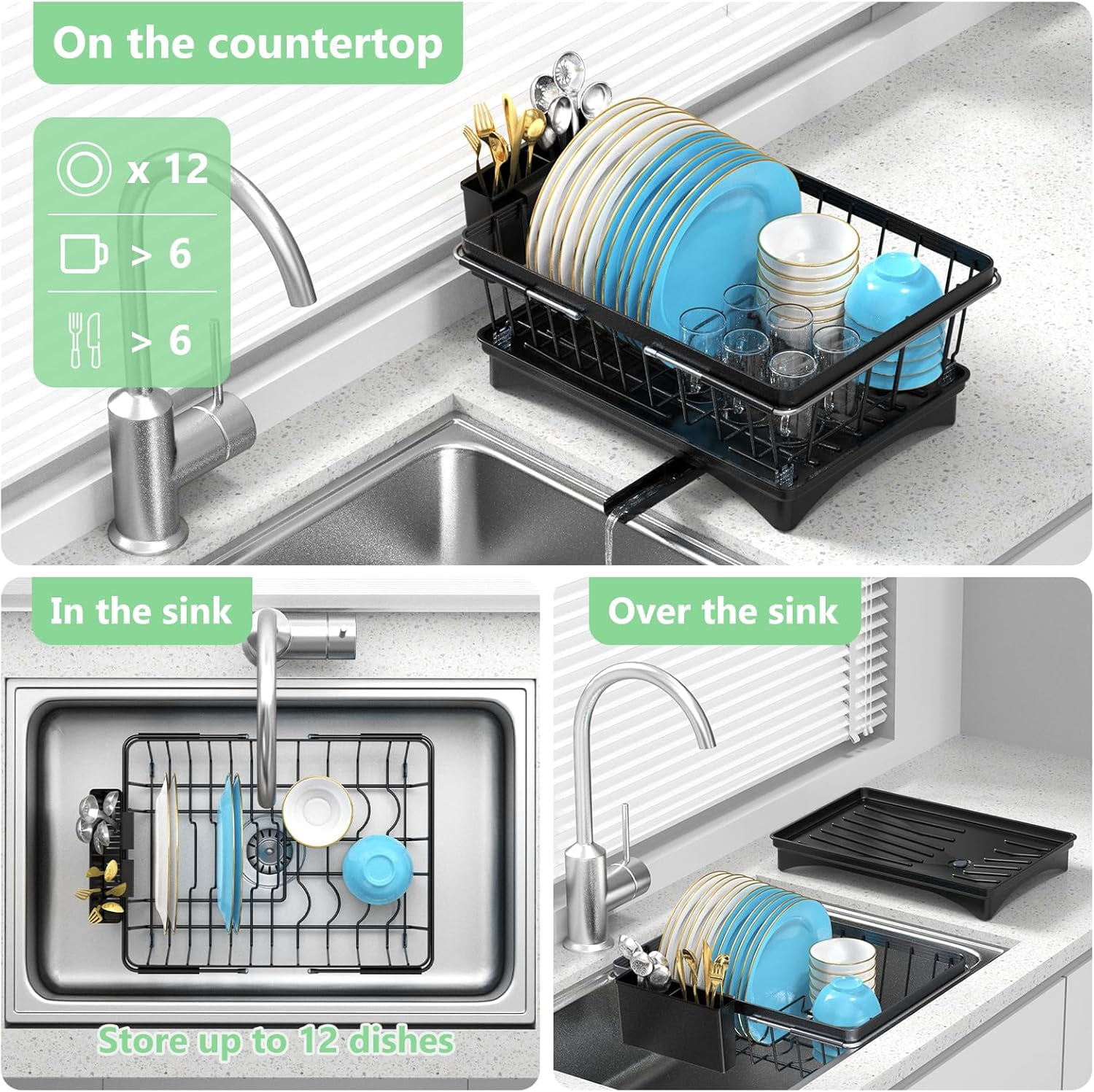 Expandable Dish Drying Rack- Space-Saving Dish Rack, Dish Drainers for Kitchen Counter with a Cutlery Holder, Over The Sink Dish Racks Fit for 14’’-19’’ Kitchen Sink