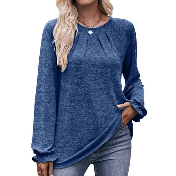 Camisas de Larga para Mujer, Moda Otoño 2025, Blusas Elegantes e Informales, Blusas Tipo Túnica Plisadas con Cuello Redondo. Azul Real S