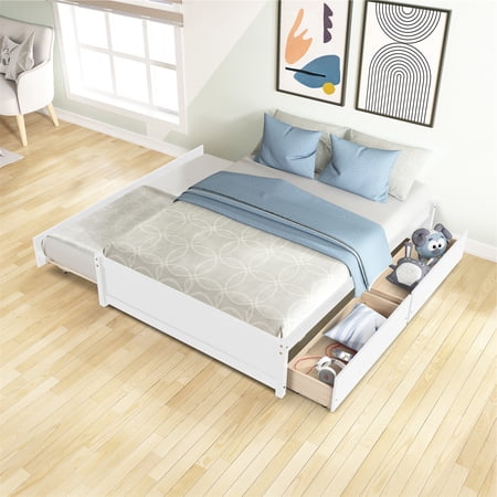 Full Size Platform Bed Frame with Twin Size Trundle  Solid Wood Daybed with Two Drawers and Slat Supports  Space Saving Platform Bed for Bedroom Living Room  No Box Spring Needed  White