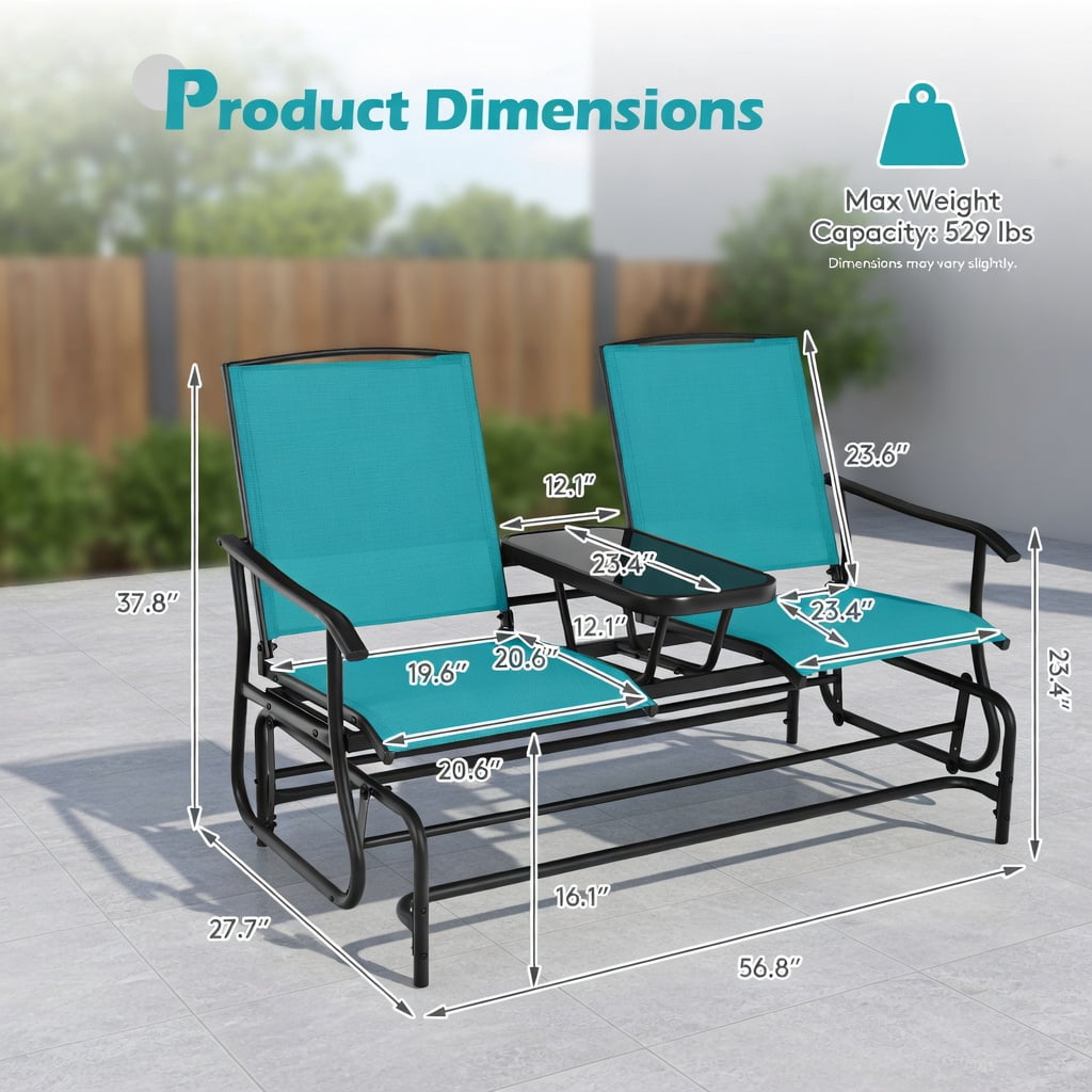Hommoo 2-Person Outdoor Rocking Loveseat with Tempered Glass Center Table, Mesh Fabric, Steel Frame, Turquoise