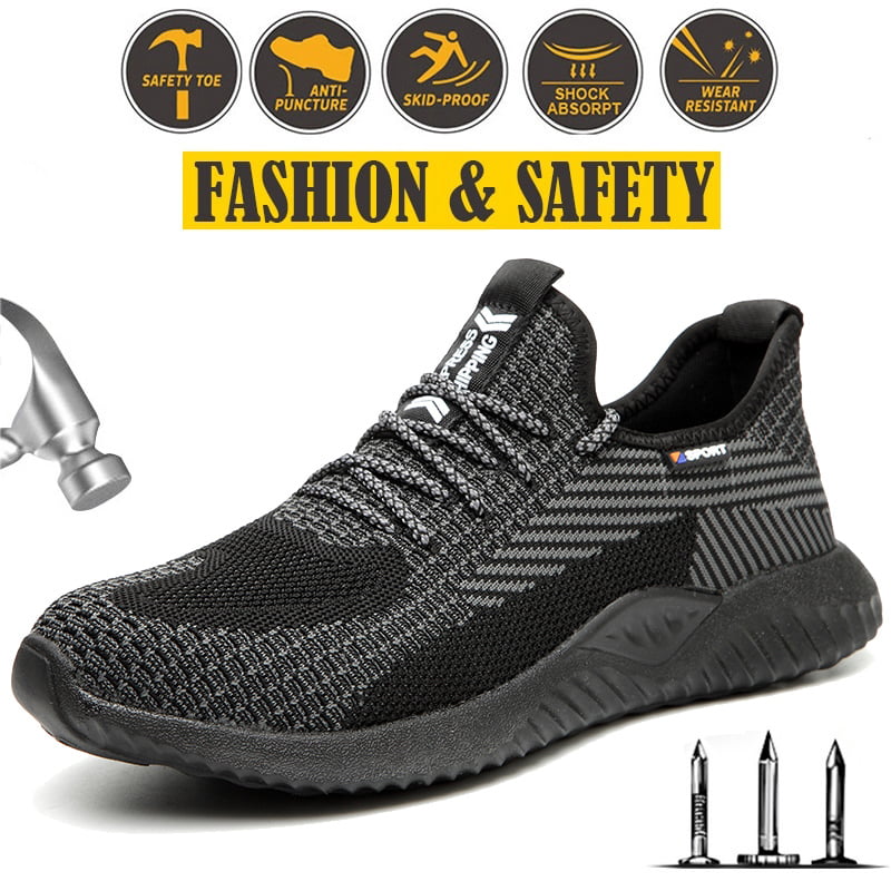 Men Safety Shoes Steel Toe Trainers Cap Work Boots Hiking Shoes Breathable Black 