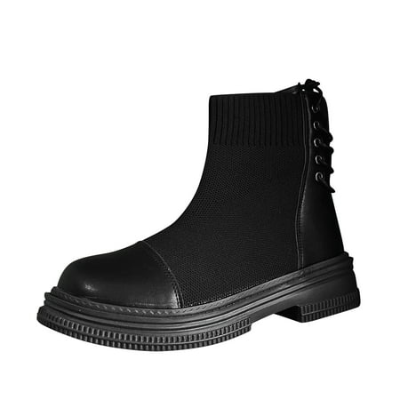 

LBECLEY Wide Width Boots for Women Booties Ladies British Style Solid Color Leather Elastic Cloth Splicing Back Strap Thick Heel Fashion Short Boots Shoe for Broken Toe Black 38
