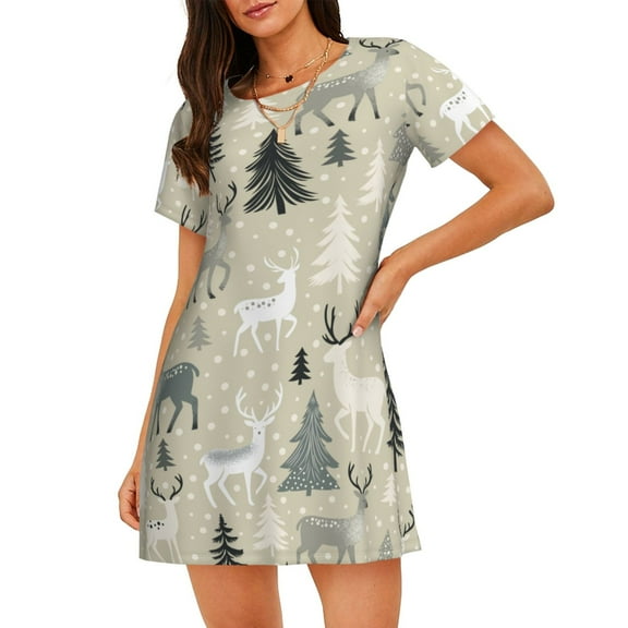 Retro Deer Forest Women'S Nightgown Sleepwear Short Sleeves Nightshirt Loose Comfy Pajama Small