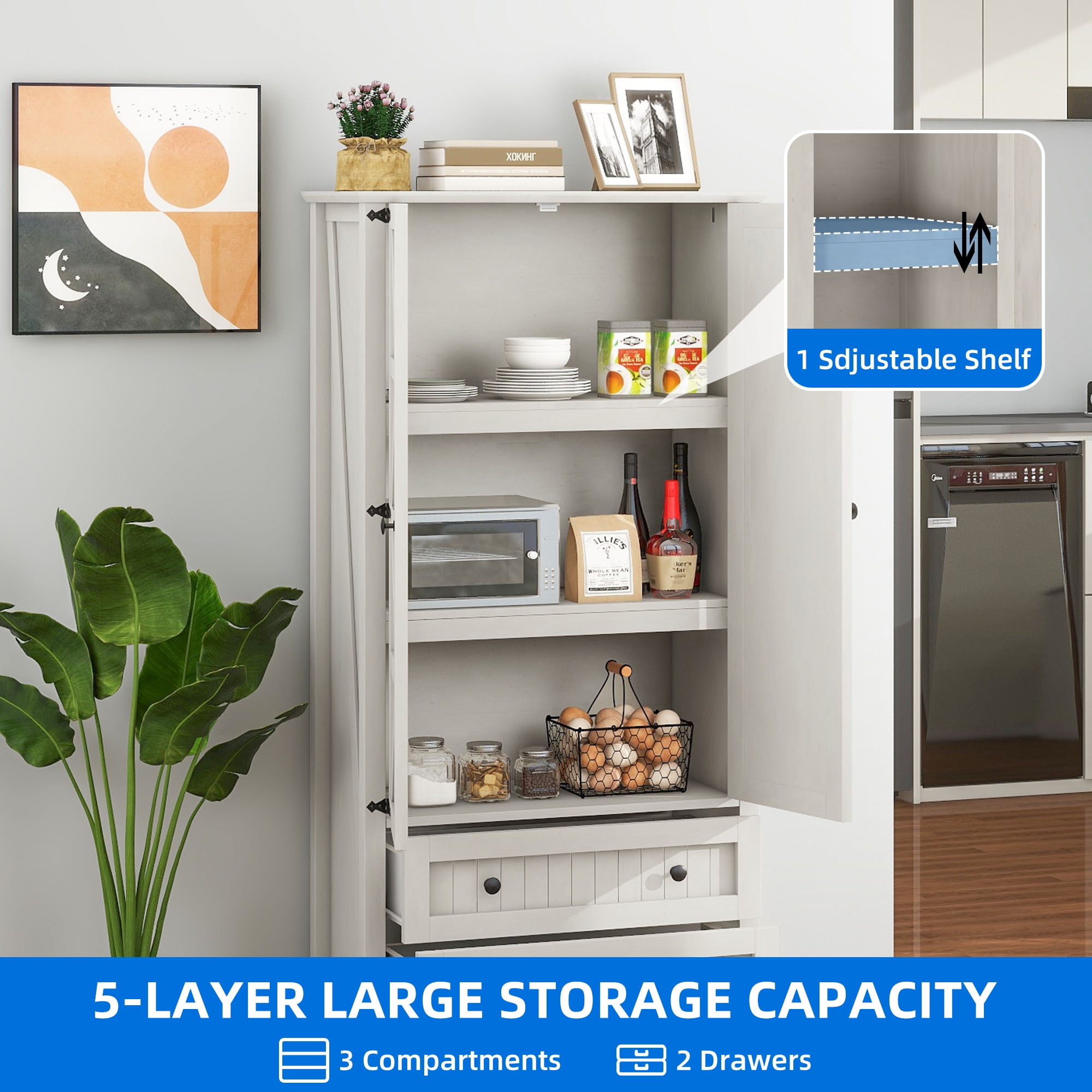 Uforic Farmhouse Kitchen Pantry Storage Cabinet with Doors & Drawers, White