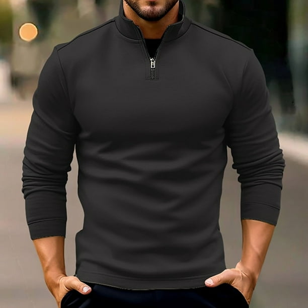 pstuiky Camisas suaves de manga larga para hombre, Camisa deportiva de manga larga con cuello alto y cremallera para hombre, color liso Tops casuales para hombres xl