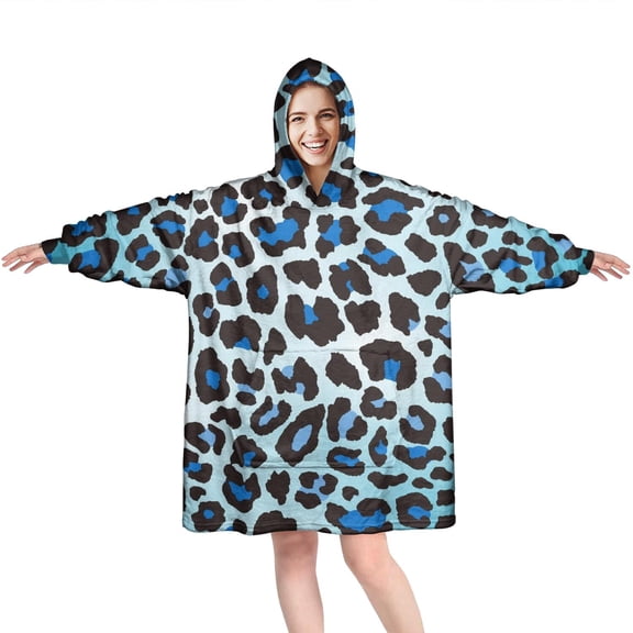Blue Leopard Print Wearable Oversized Blanket,Wearable Blanket Hoodie for Adults,Cozy Hooded Blankets with Super Pockets,Super Warm Fuzzy Pullover for Women & Men
