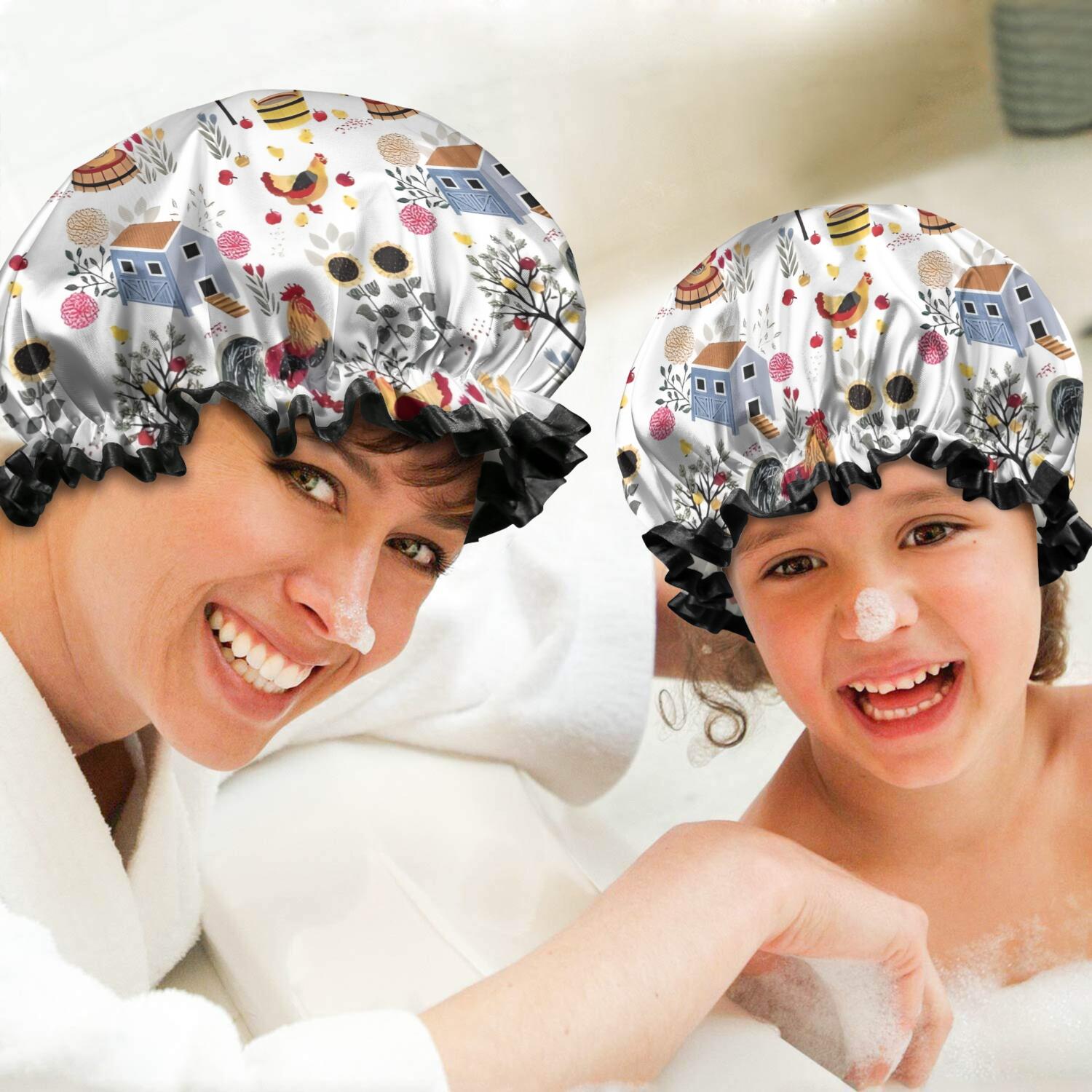 Shower Caps,White Chicken Farm Pattern Waterproof Shower Cap for Women 4 Pieces,Double Reusable Hair Cover for Shower PEVA Elastic Stretch Hem