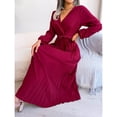 thumbnail image 3 of Escote en V profundo, mangas largas, vestido largo, falda ancha plisada, 3 of 5