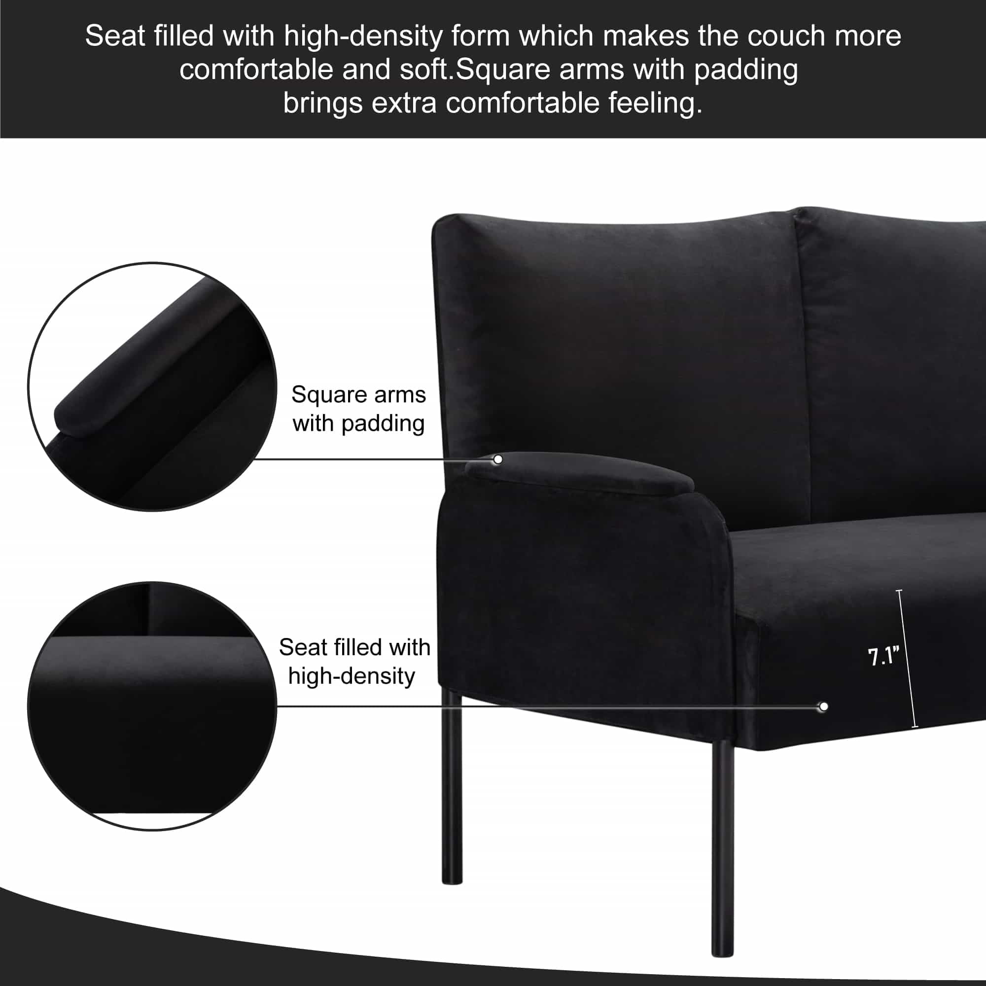 BSHTI Velvet Upholstery Loveseat Couch,2 Seating,Metal Frame,High-density Fam Seat Loveseat,Well in Apartments or Rooms with Limited Space(Black)