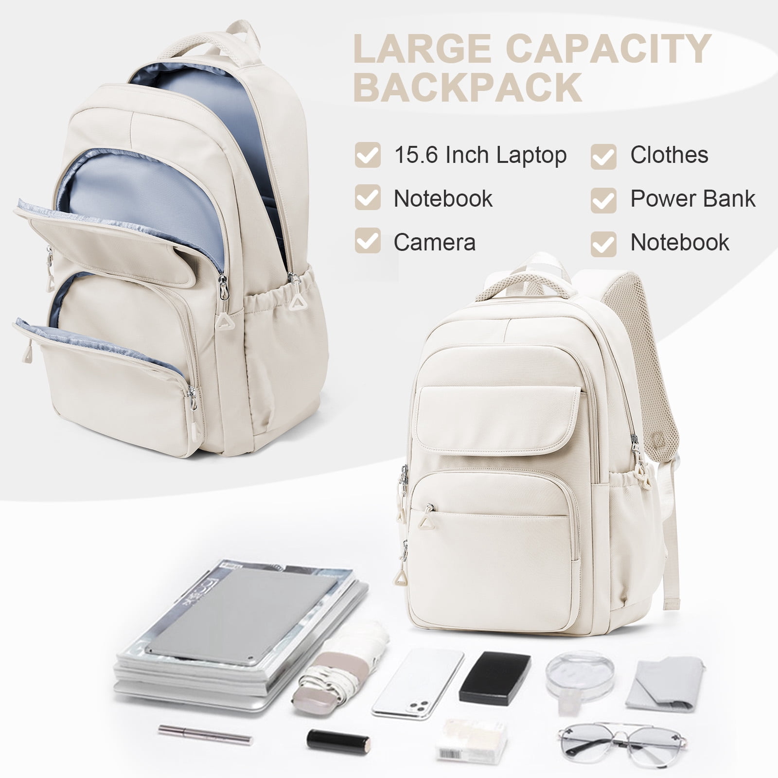 Cute Backpack for Women Men, Waterproof High School Bag Basic Backpack for College Students, Travel Laptop Backpack Lightweight Casual Daypack, Middle School Bookbag, Beige