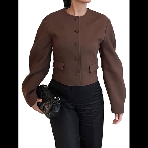 Blazer Corto con Botones para Mujer, Ropa Informal de Negocios para Otoño e Invierno. Color Café L