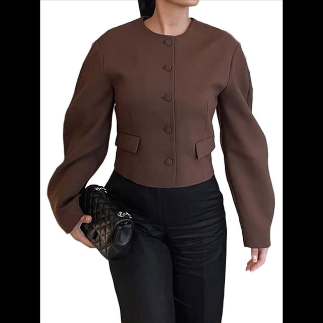 Blazer Corto con Botones para Mujer, Ropa Informal de Negocios para Otoño e Invierno. Color Café L