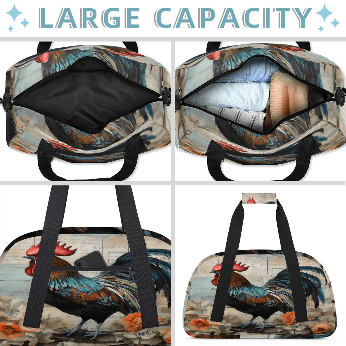 Herdesigns Sports Duffle Bags Travel Duffle Bag Gym Bag Retro Cock Weekender Travel Bag Waterproof Overnight Bag Carry On Travel Tote Bag Dance Bags
