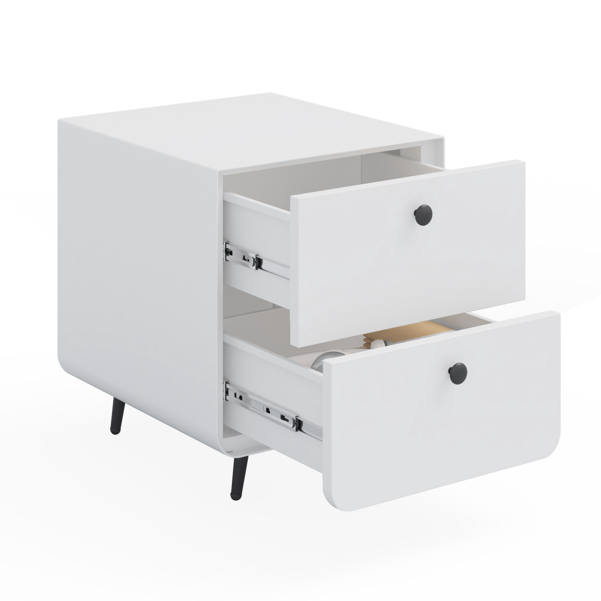 DEALTOPS Modern Steel Nightstand with 2 Storage Drawers and Adjustable Feet, Bedside Storage Cabinet with Circular Handles for Bedroom- White